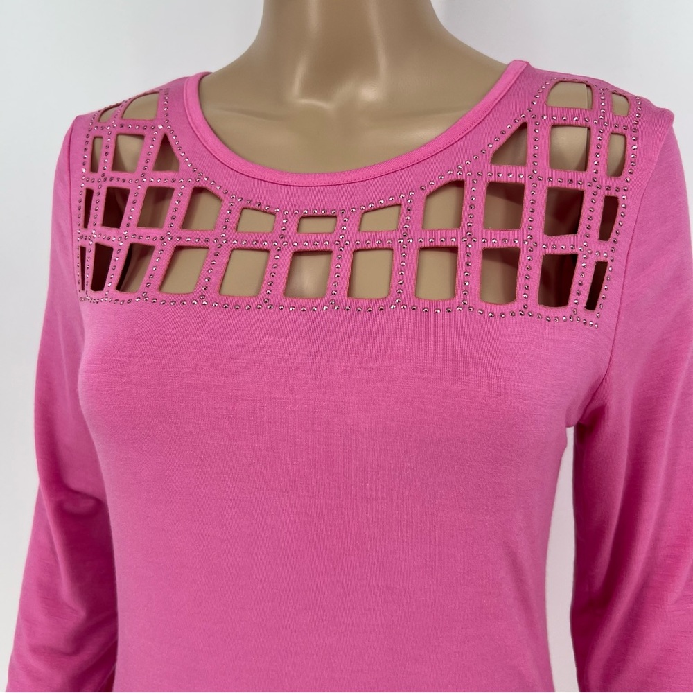 Vocal Top Womens Pink Long Sleeve Cut Out Neckline with Rhinestones Soft Stretch - Picture 3 of 10